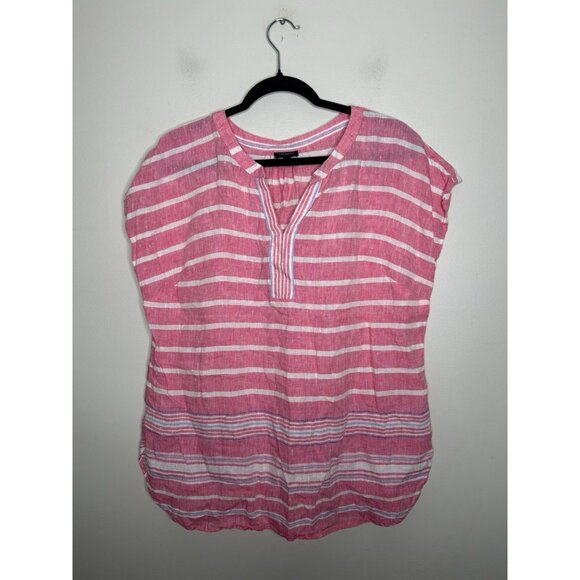 Talbots Short Sleeve Top Blouse Pink White Stripes 100% Linen Size Medium - Picture 1 of 8